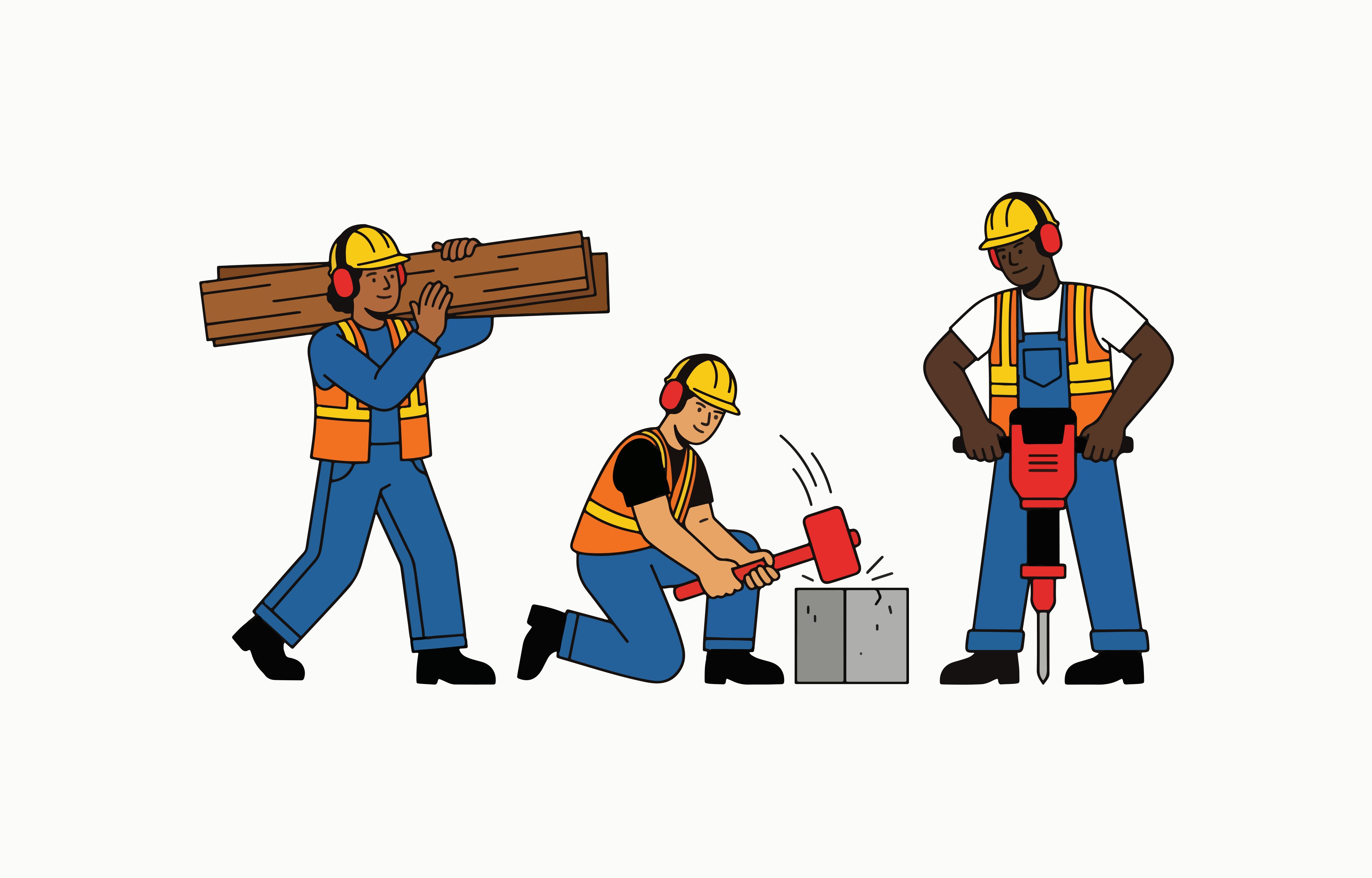 Construction workers with tools and materials
